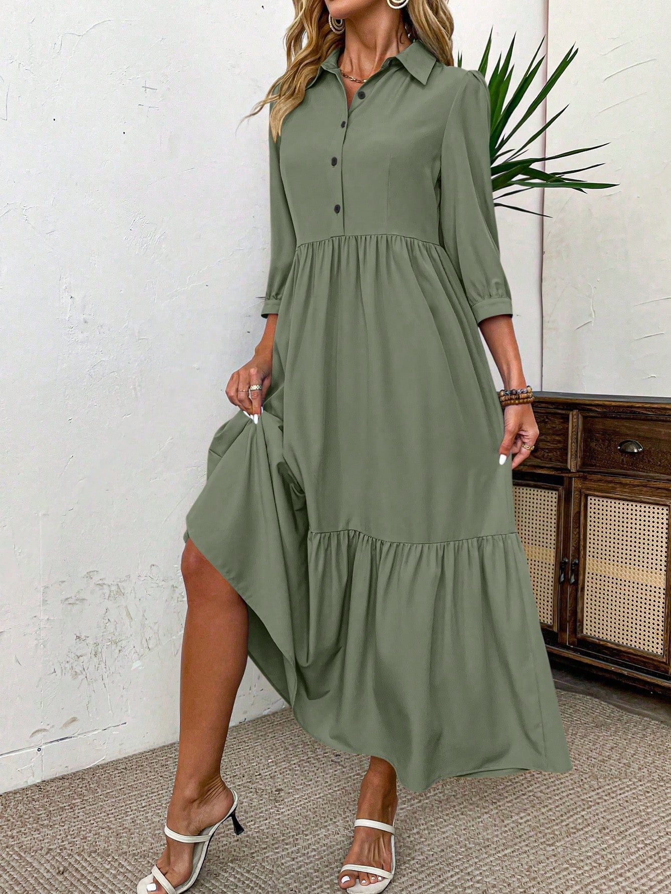 EMERY ROSE Women Solid Color Casual Short Sleeve Dress Maxi Women