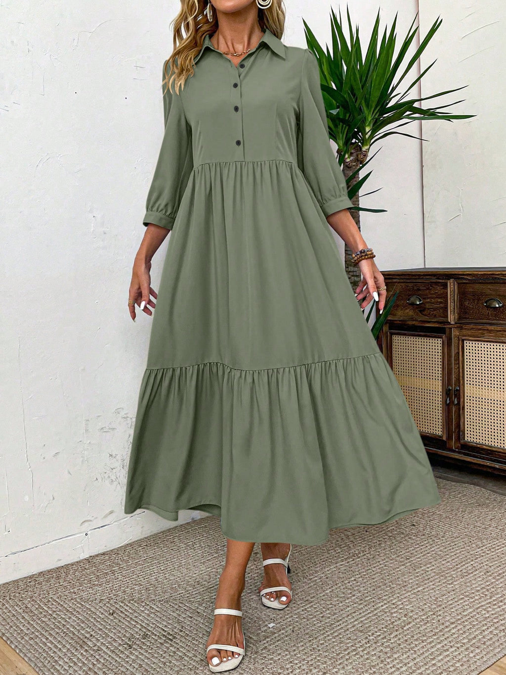 EMERY ROSE Women Solid Color Casual Short Sleeve Dress Maxi Women