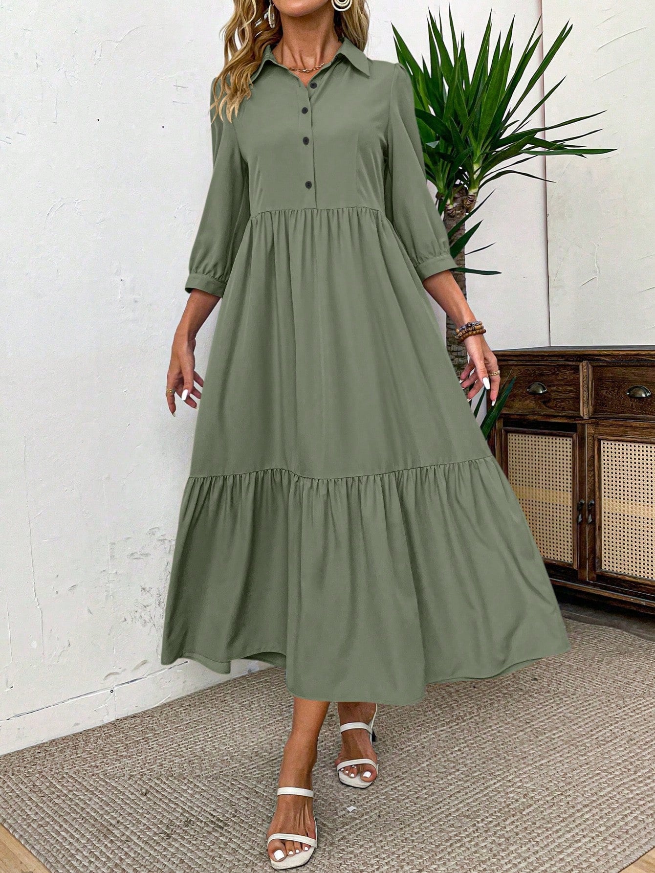 EMERY ROSE Women Solid Color Casual Short Sleeve Dress Maxi Women