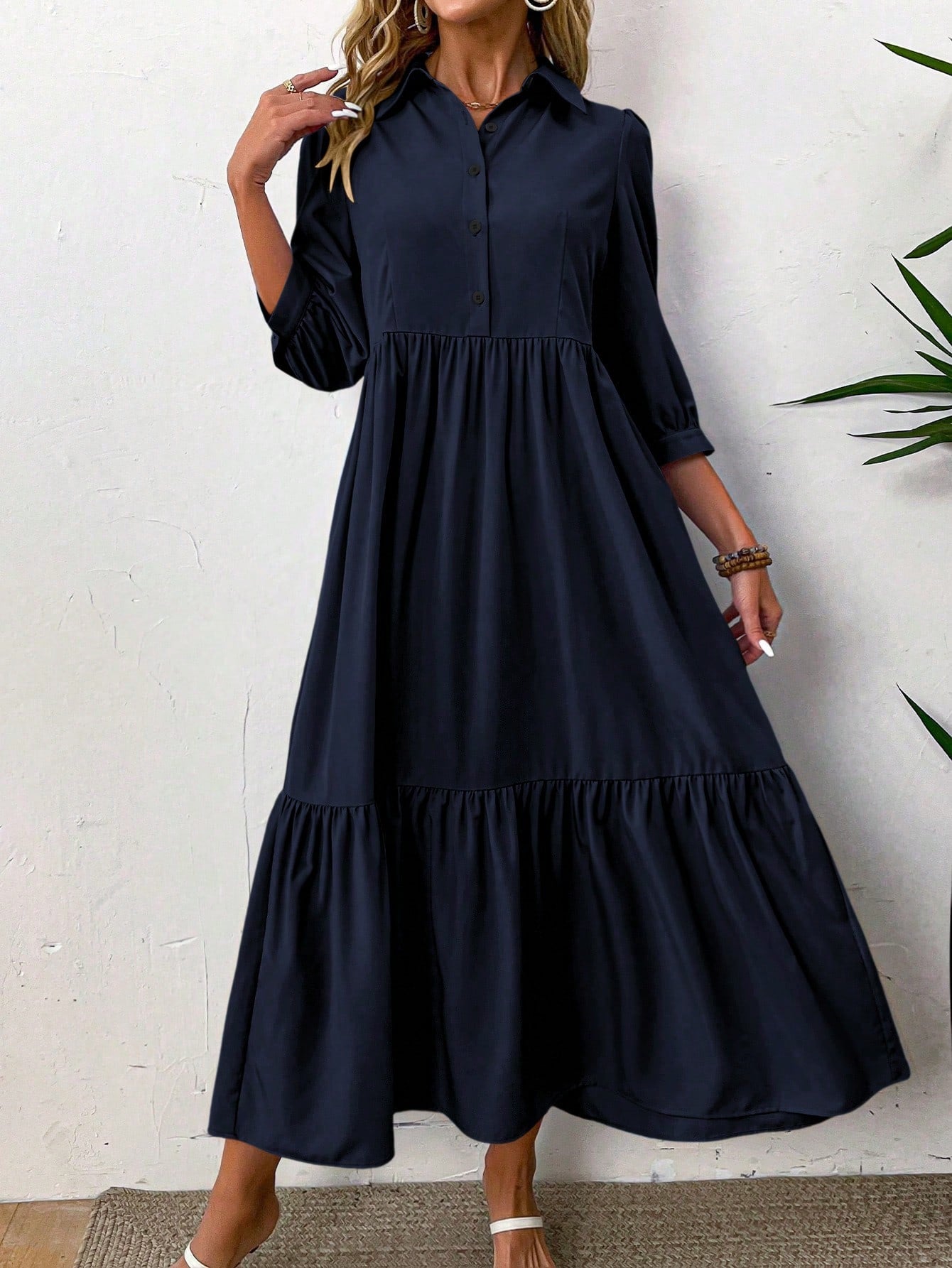 EMERY ROSE Women Solid Color Casual Short Sleeve Dress Maxi Women