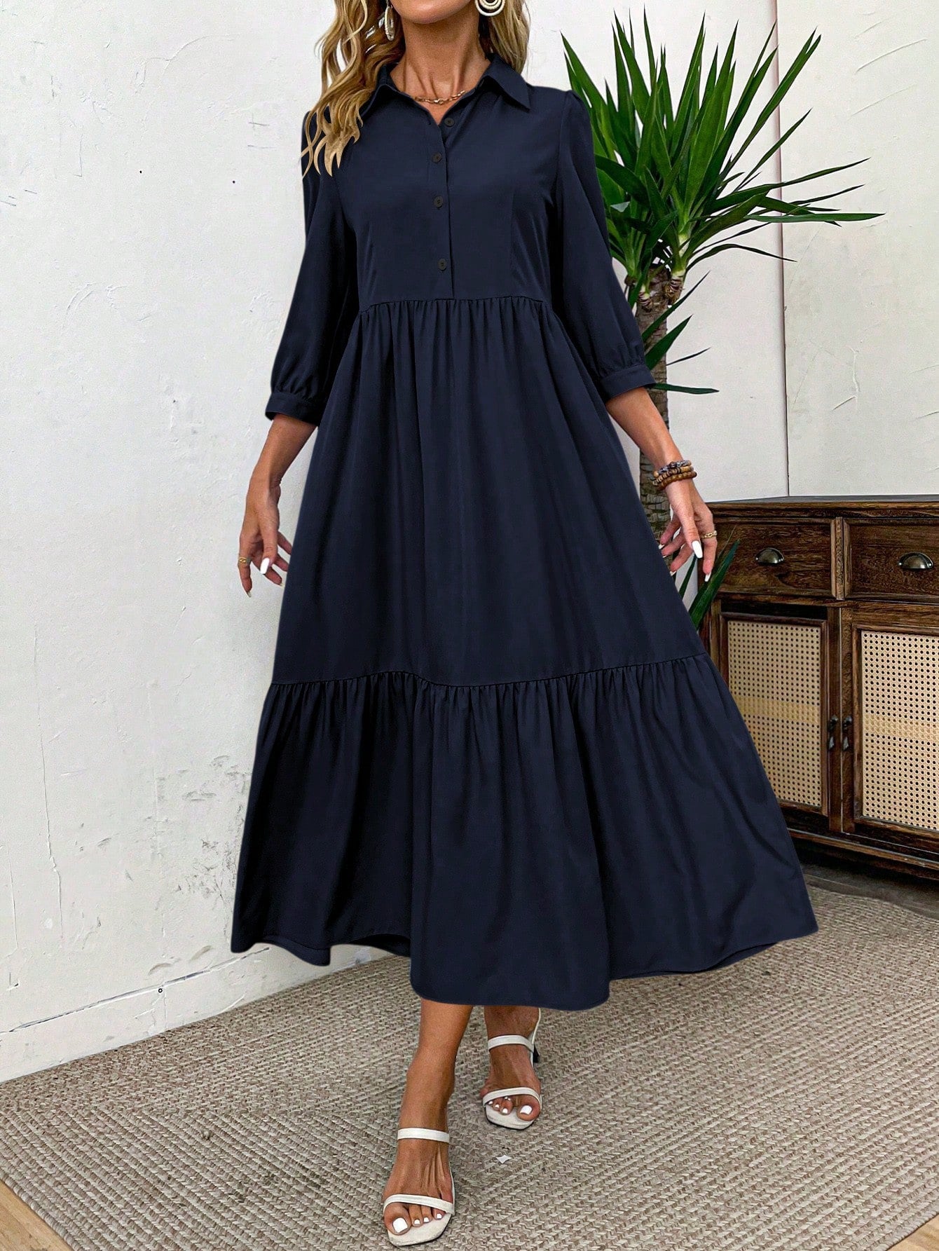 EMERY ROSE Women Solid Color Casual Short Sleeve Dress Maxi Women