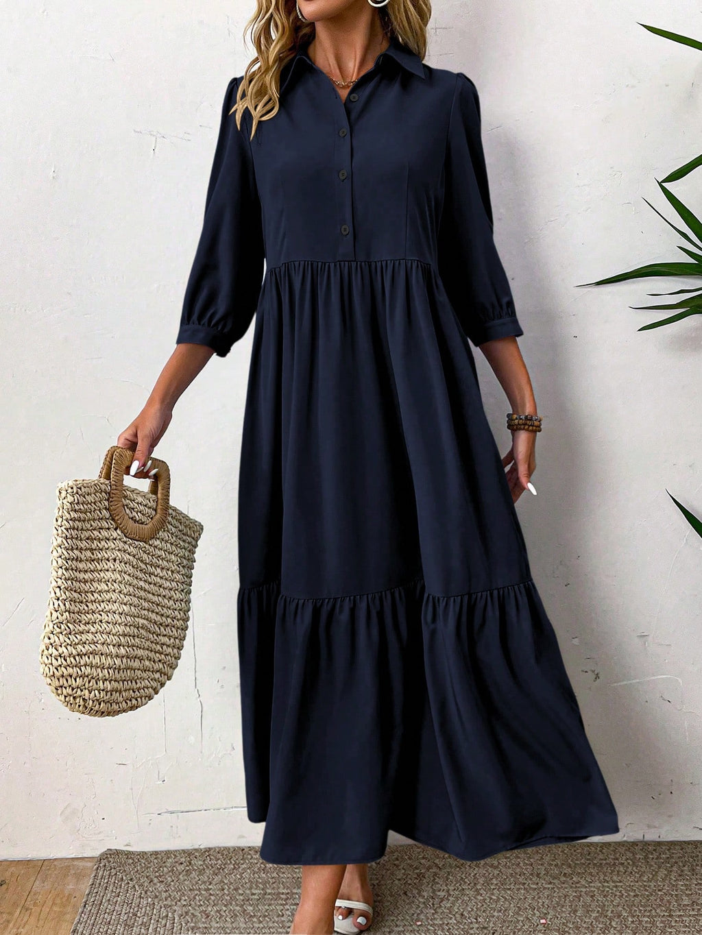 EMERY ROSE Women Solid Color Casual Short Sleeve Dress Maxi Women