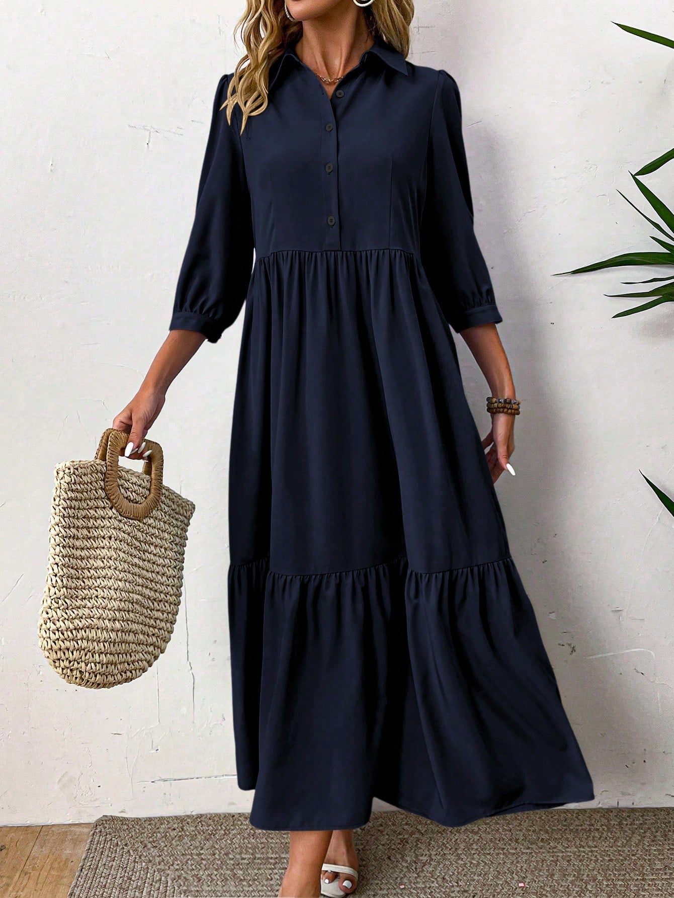 EMERY ROSE Women Solid Color Casual Short Sleeve Dress Maxi Women