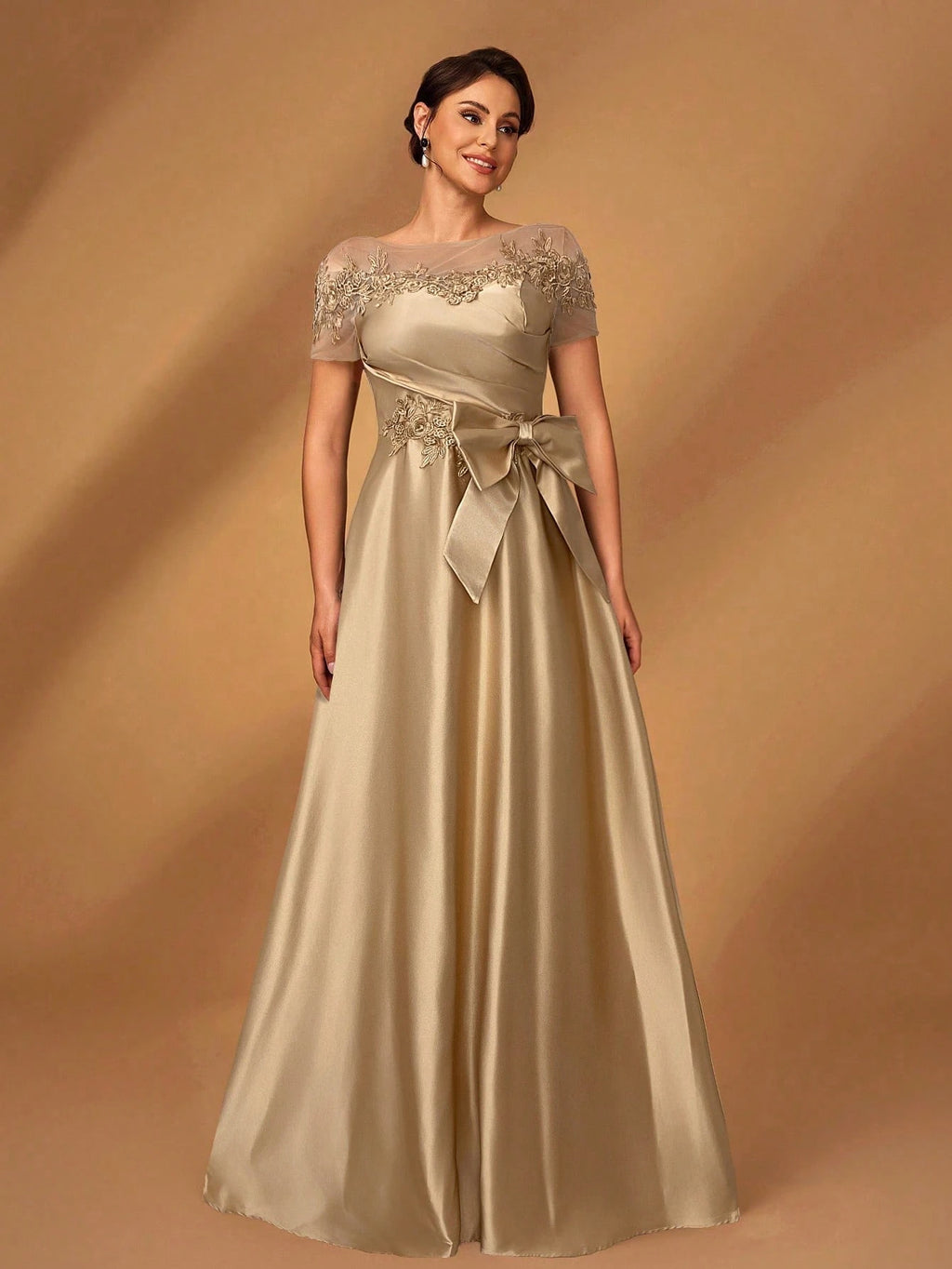 Serin Champagne Gold Elegant Winter Dinner Evening Formal Dress,Luxurious Satin Mesh Patchwork Beaded