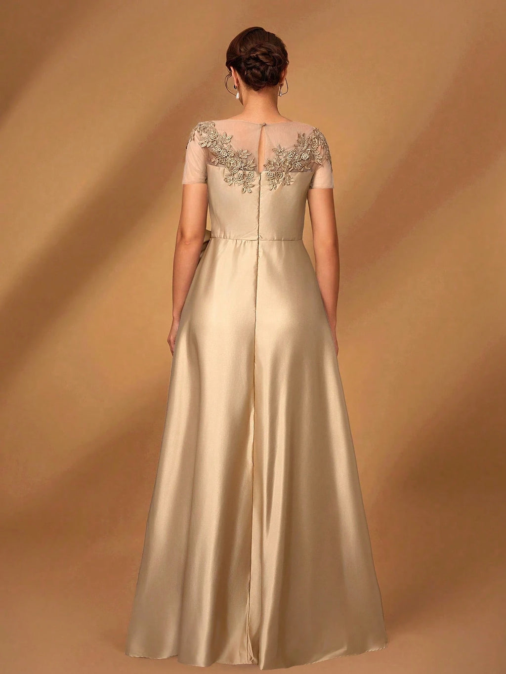 Serin Champagne Gold Elegant Winter Dinner Evening Formal Dress,Luxurious Satin Mesh Patchwork Beaded - image 2