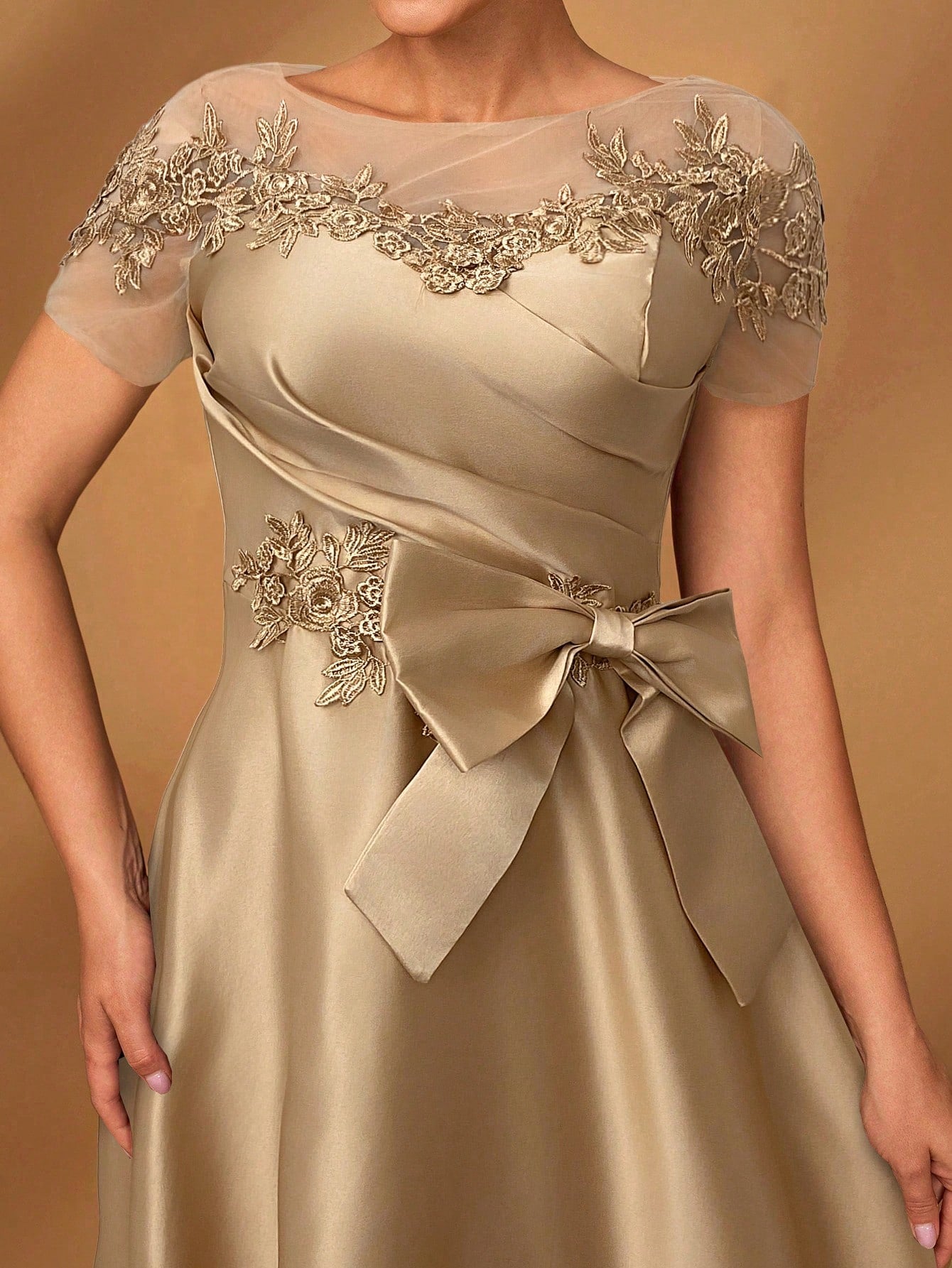 Serin Champagne Gold Elegant Winter Dinner Evening Formal Dress,Luxurious Satin Mesh Patchwork Beaded - image 3