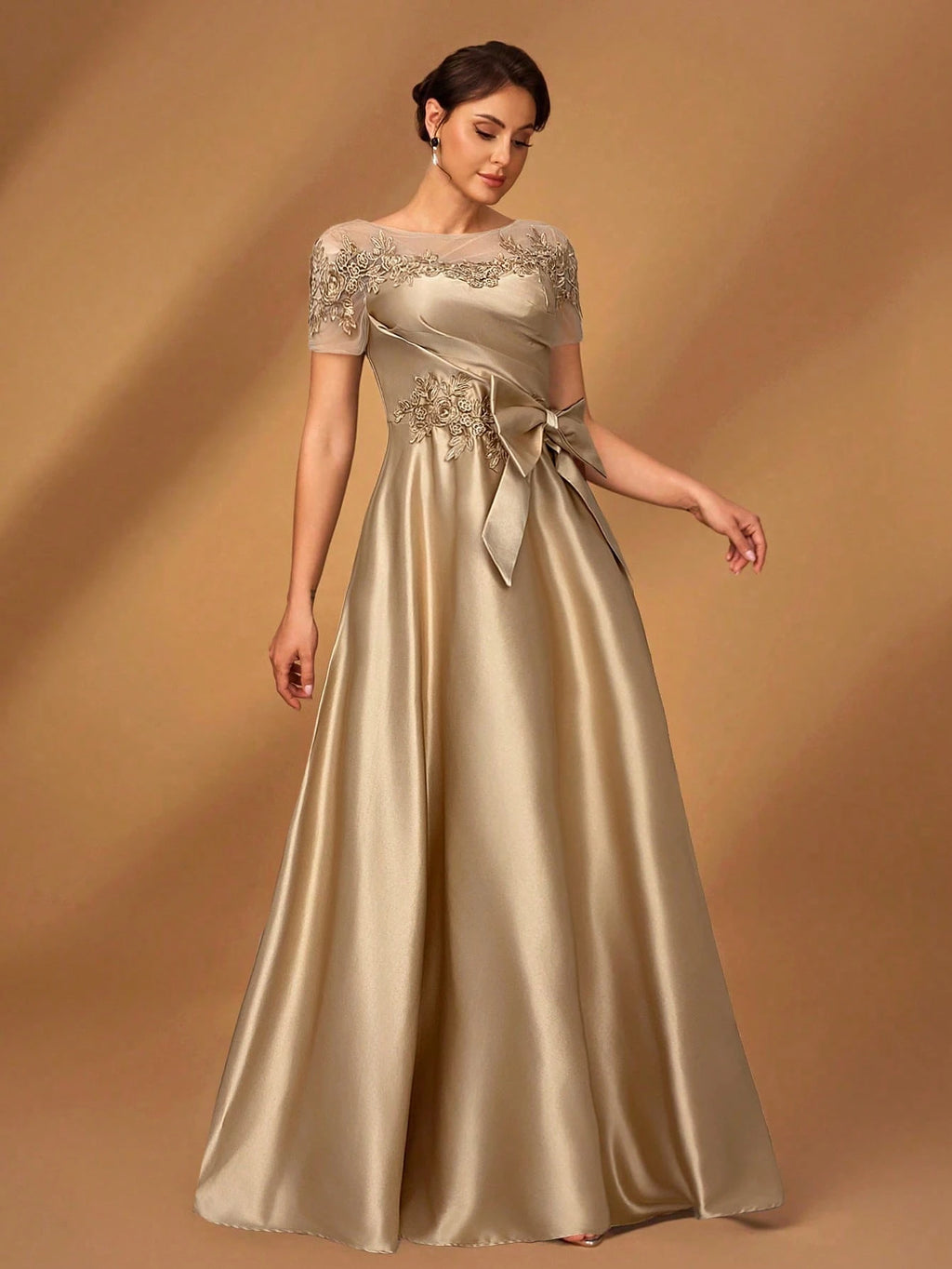 Serin Champagne Gold Elegant Winter Dinner Evening Formal Dress,Luxurious Satin Mesh Patchwork Beaded - image 4