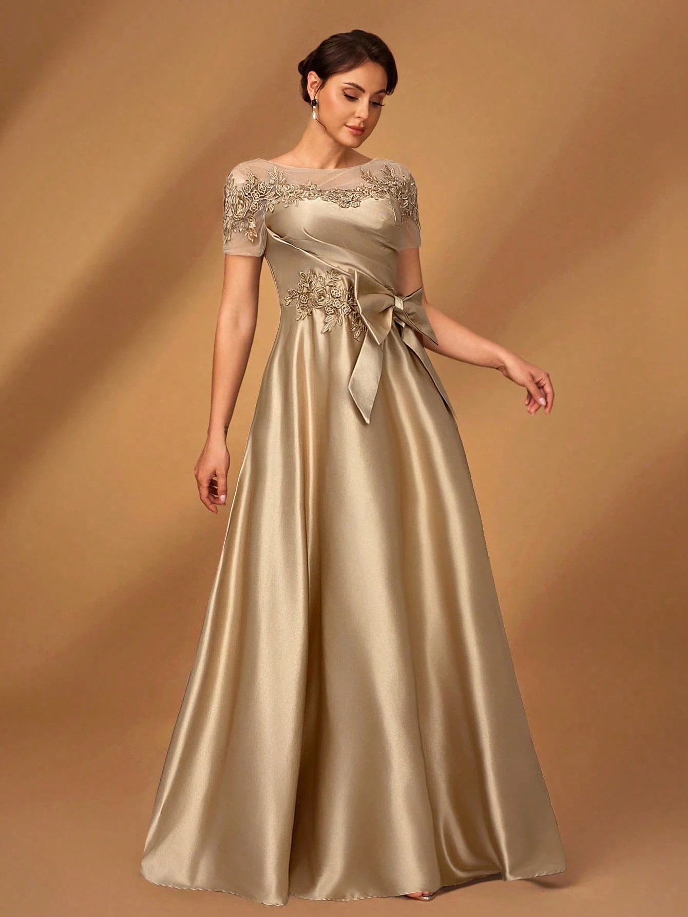 Serin Champagne Gold Elegant Winter Dinner Evening Formal Dress,Luxurious Satin Mesh Patchwork Beaded - image 4