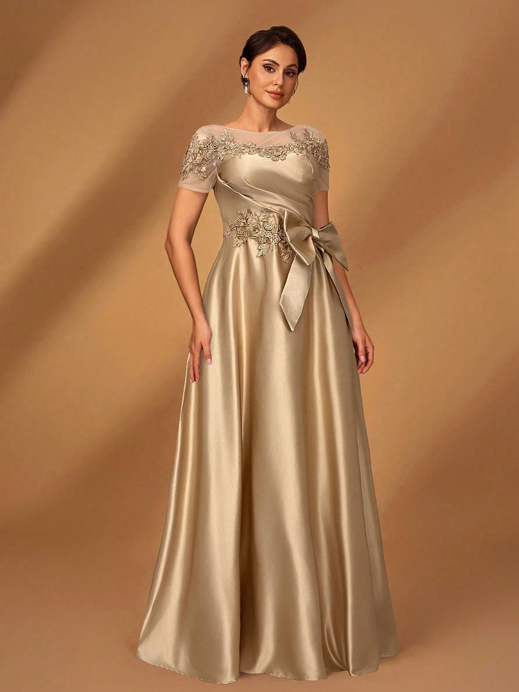 Serin Champagne Gold Elegant Winter Dinner Evening Formal Dress,Luxurious Satin Mesh Patchwork Beaded - image 5