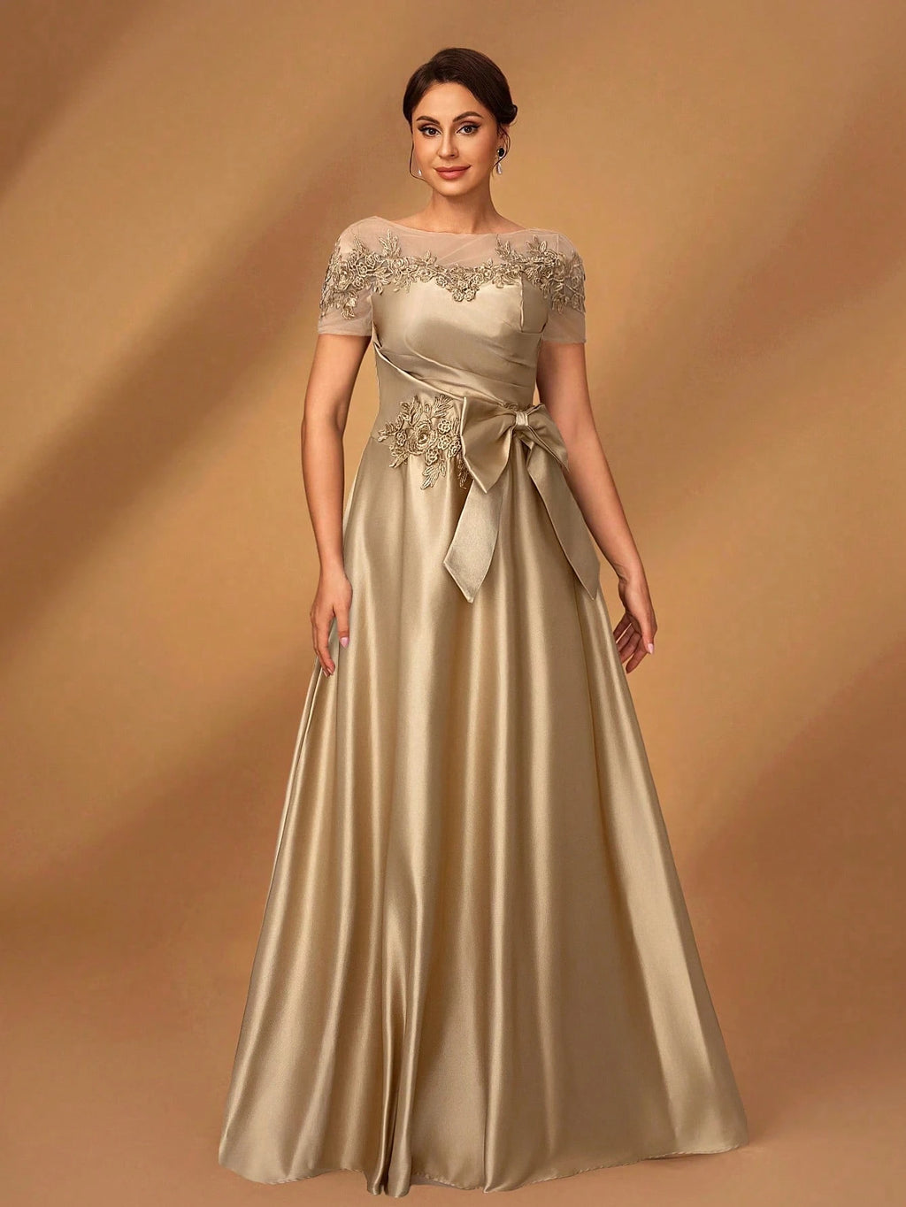 Serin Champagne Gold Elegant Winter Dinner Evening Formal Dress,Luxurious Satin Mesh Patchwork Beaded - image 6