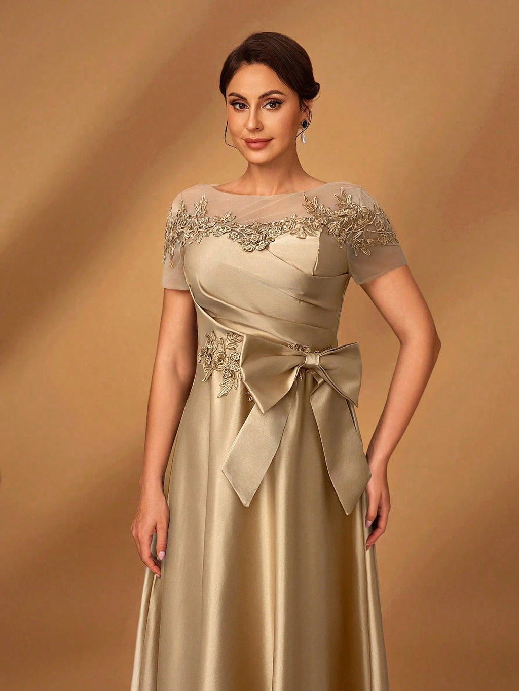 Serin Champagne Gold Elegant Winter Dinner Evening Formal Dress,Luxurious Satin Mesh Patchwork Beaded - image 7