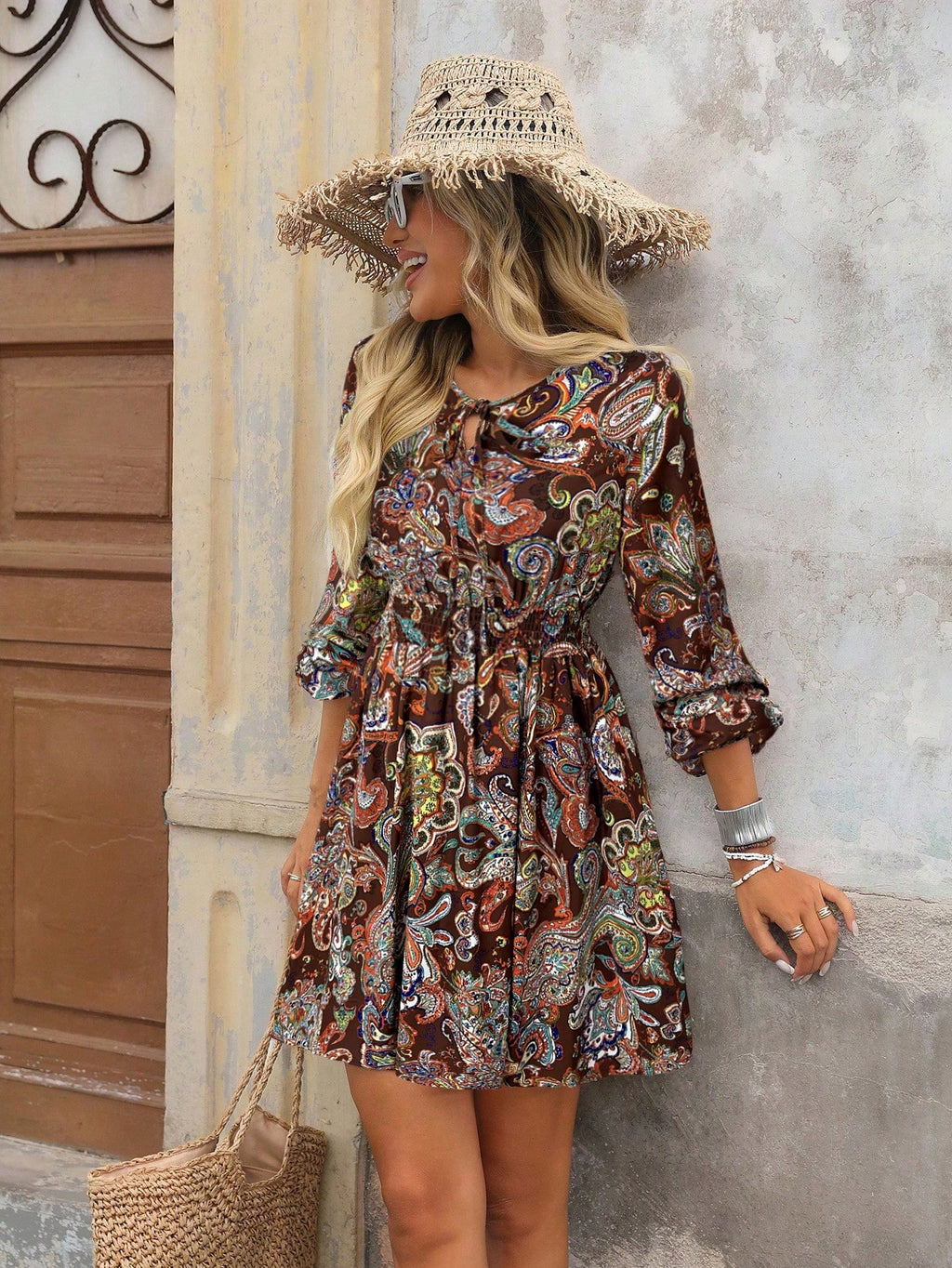 Brillora Paisley Print Tie Neck Shirred Waist A-line Dress