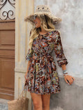Brillora Paisley Print Tie Neck Shirred Waist A-line Dress