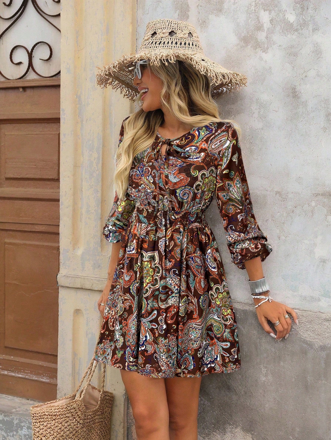 Brillora Paisley Print Tie Neck Shirred Waist A-line Dress