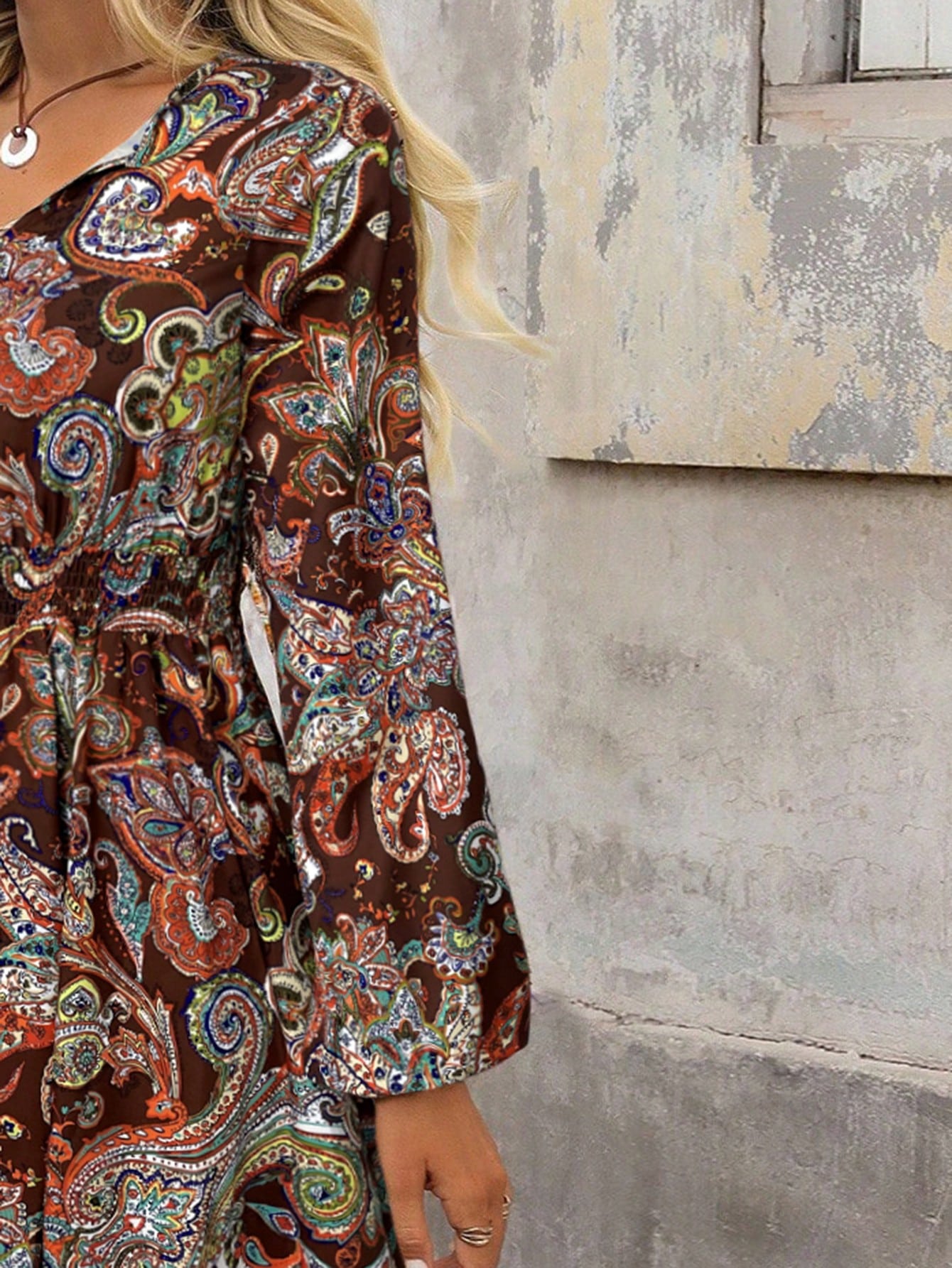Brillora Paisley Print Tie Neck Shirred Waist A-line Dress - image 7