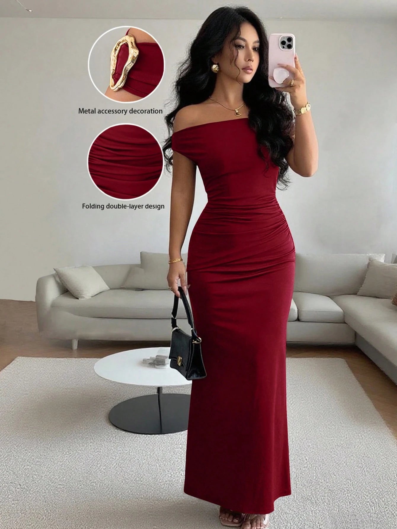 Rafferiza Elegant Ruched Off-Shoulder Metallic Accent Fitted Party
