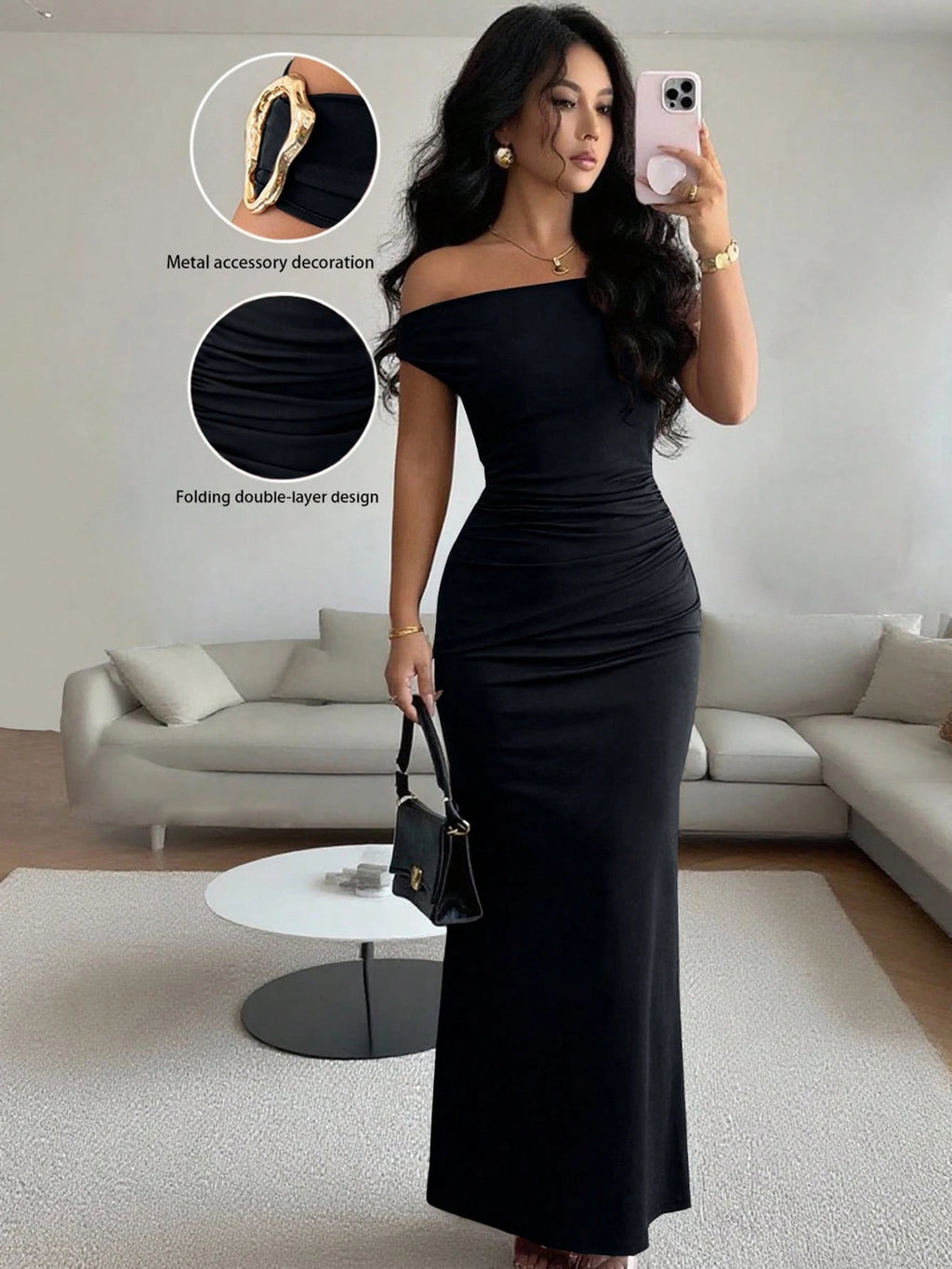 Rafferiza Elegant Ruched Off-Shoulder Metallic Accent Fitted Party Dress For Women
