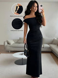 Rafferiza Elegant Ruched Off-Shoulder Metallic Accent Fitted Party Dress For Women