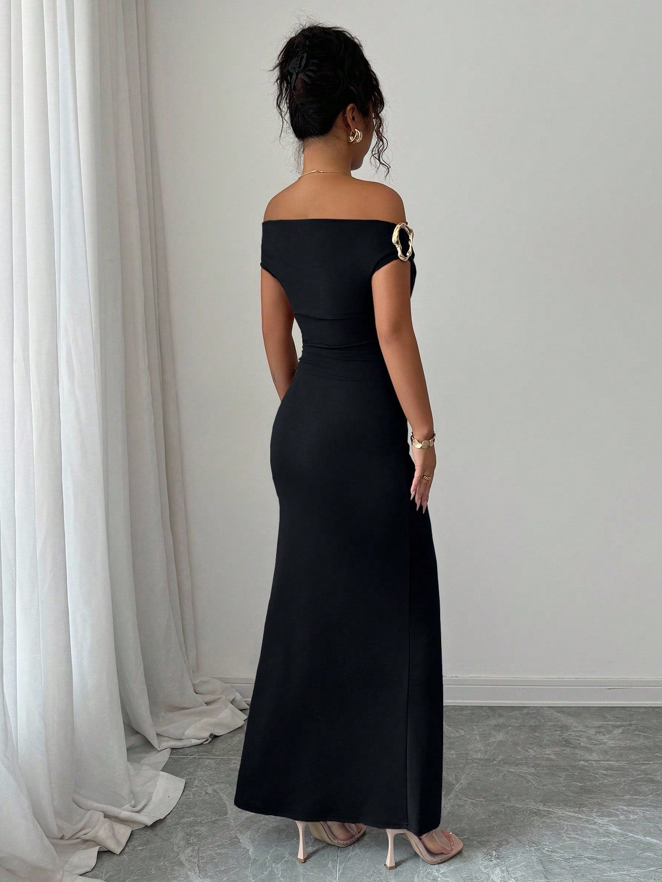 Rafferiza Elegant Ruched Off-Shoulder Metallic Accent Fitted Party Dress For Women - image 2