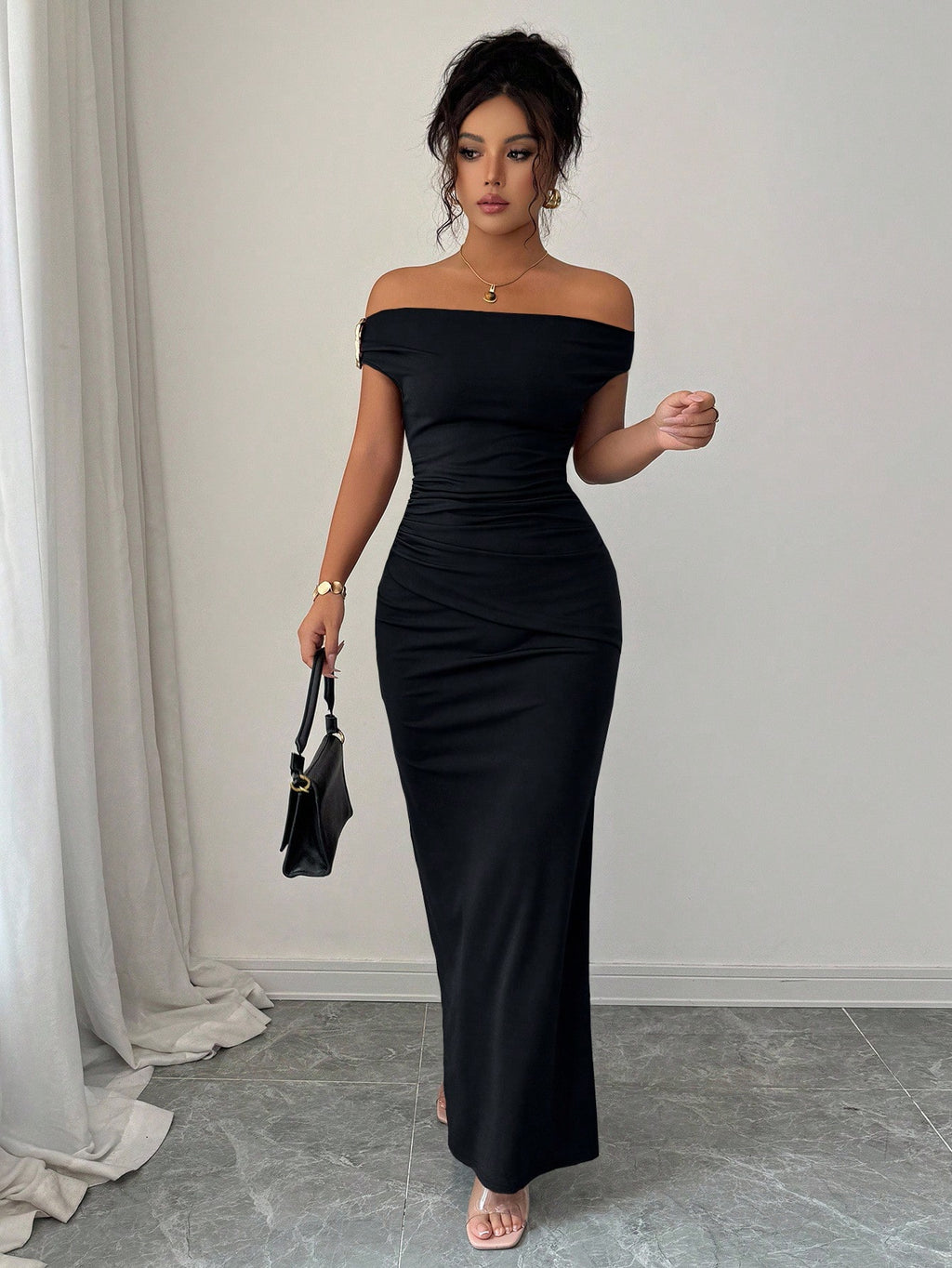 Rafferiza Elegant Ruched Off-Shoulder Metallic Accent Fitted Party Dress For Women - image 4