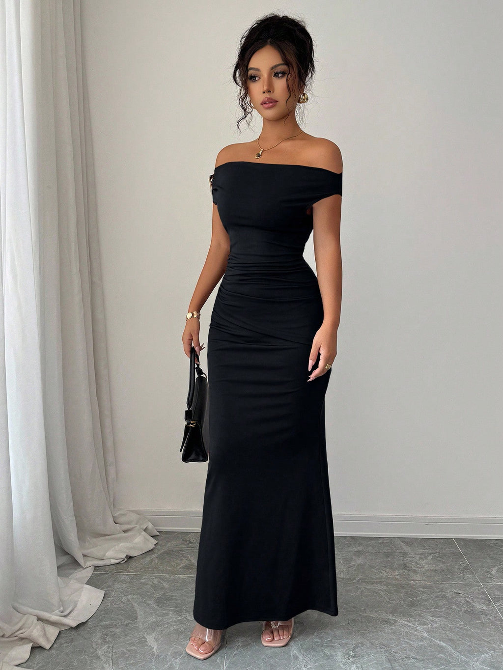 Rafferiza Elegant Ruched Off-Shoulder Metallic Accent Fitted Party Dress For Women - image 5