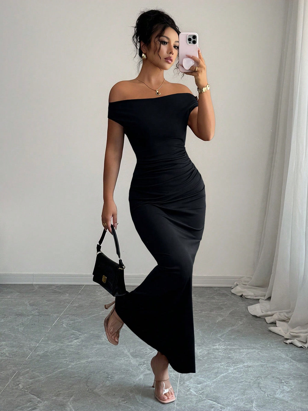 Rafferiza Elegant Ruched Off-Shoulder Metallic Accent Fitted Party Dress For Women - image 6