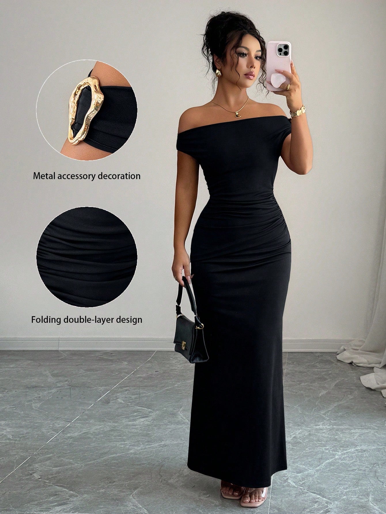 Rafferiza Elegant Ruched Off-Shoulder Metallic Accent Fitted Party Dress For Women - image 8