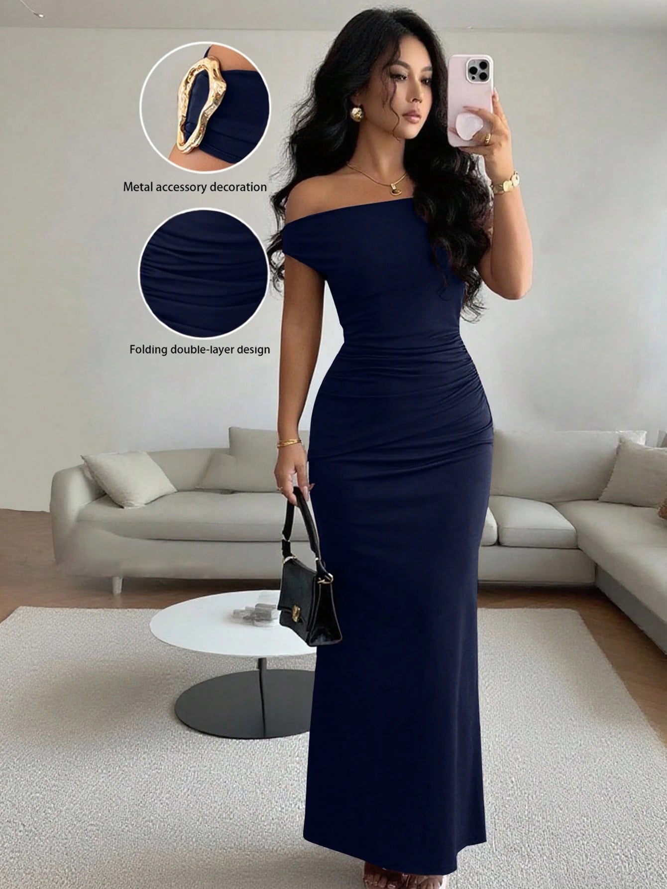 Rafferiza Elegant Ruched Off-Shoulder Metallic Accent Fitted Party