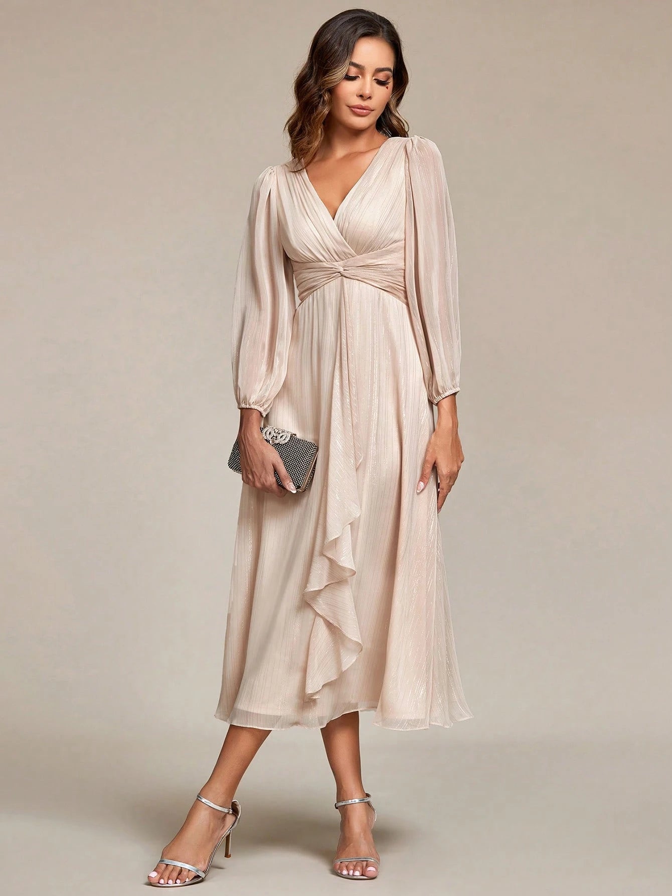 Women's Elegant V-Neck Long Sleeve Formal Dress, Shiny Twist Ruched Knee-Length Bridesmaid Dress, Wedding - image 9