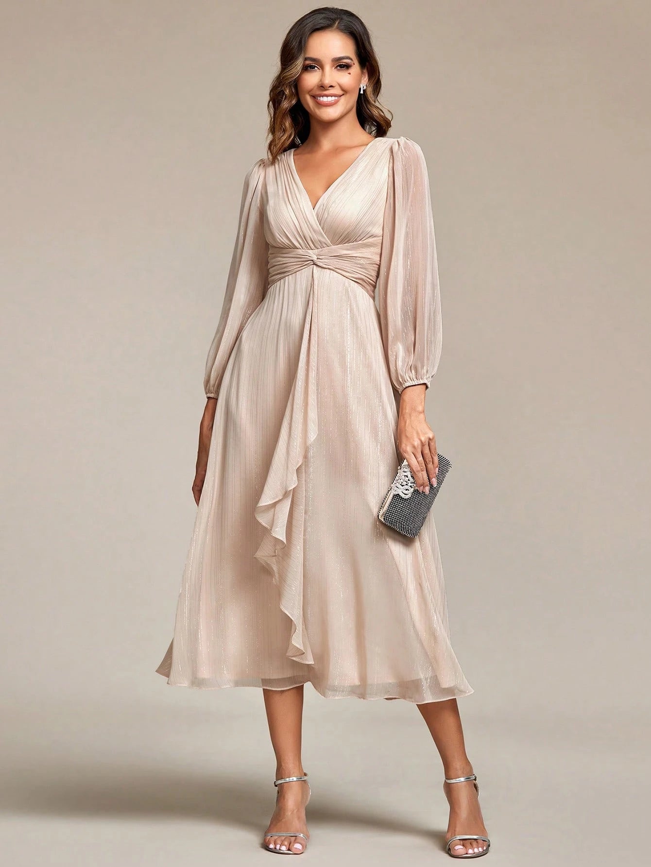 Women's Elegant V-Neck Long Sleeve Formal Dress, Shiny Twist Ruched Knee-Length Bridesmaid Dress, Wedding - image 8