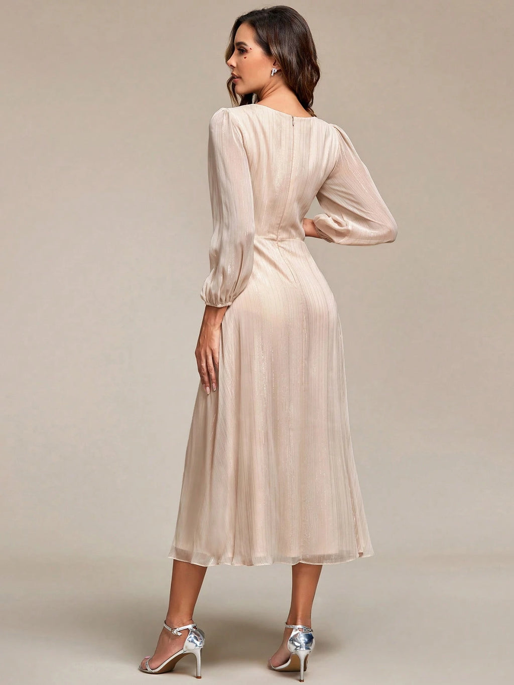 Women's Elegant V-Neck Long Sleeve Formal Dress, Shiny Twist Ruched Knee-Length Bridesmaid Dress, Wedding - image 7