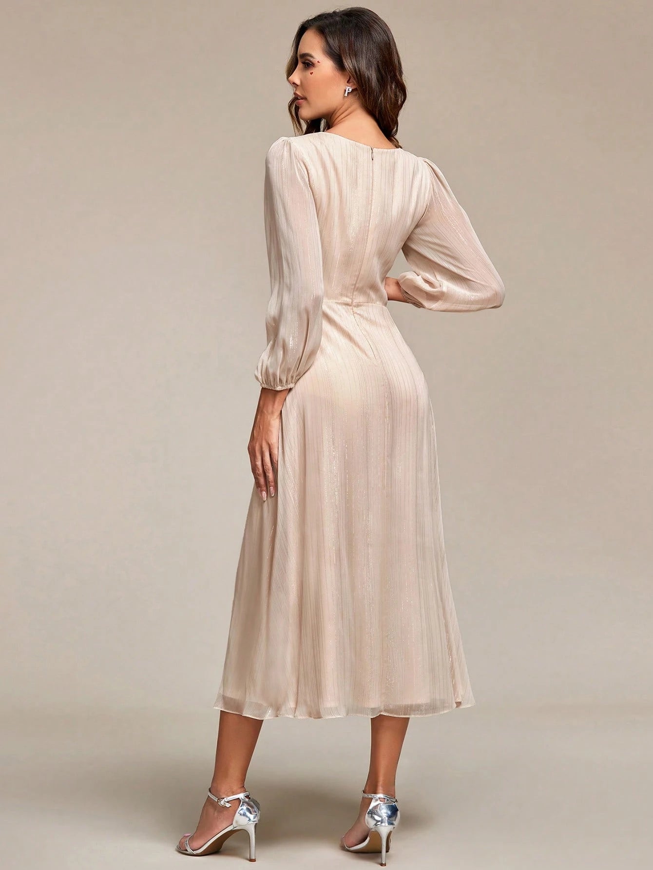 Women's Elegant V-Neck Long Sleeve Formal Dress, Shiny Twist Ruched Knee-Length Bridesmaid Dress, Wedding - image 7