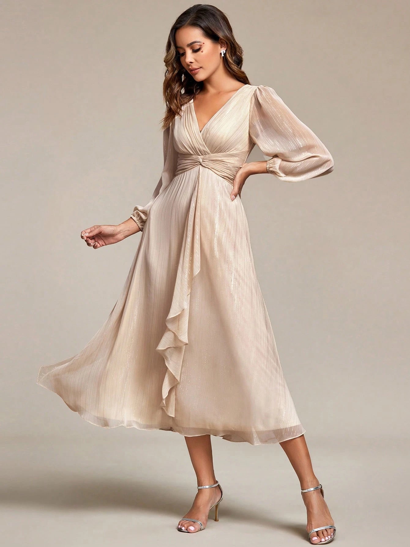 Women's Elegant V-Neck Long Sleeve Formal Dress, Shiny Twist Ruched Knee-Length Bridesmaid Dress, Wedding - image 6