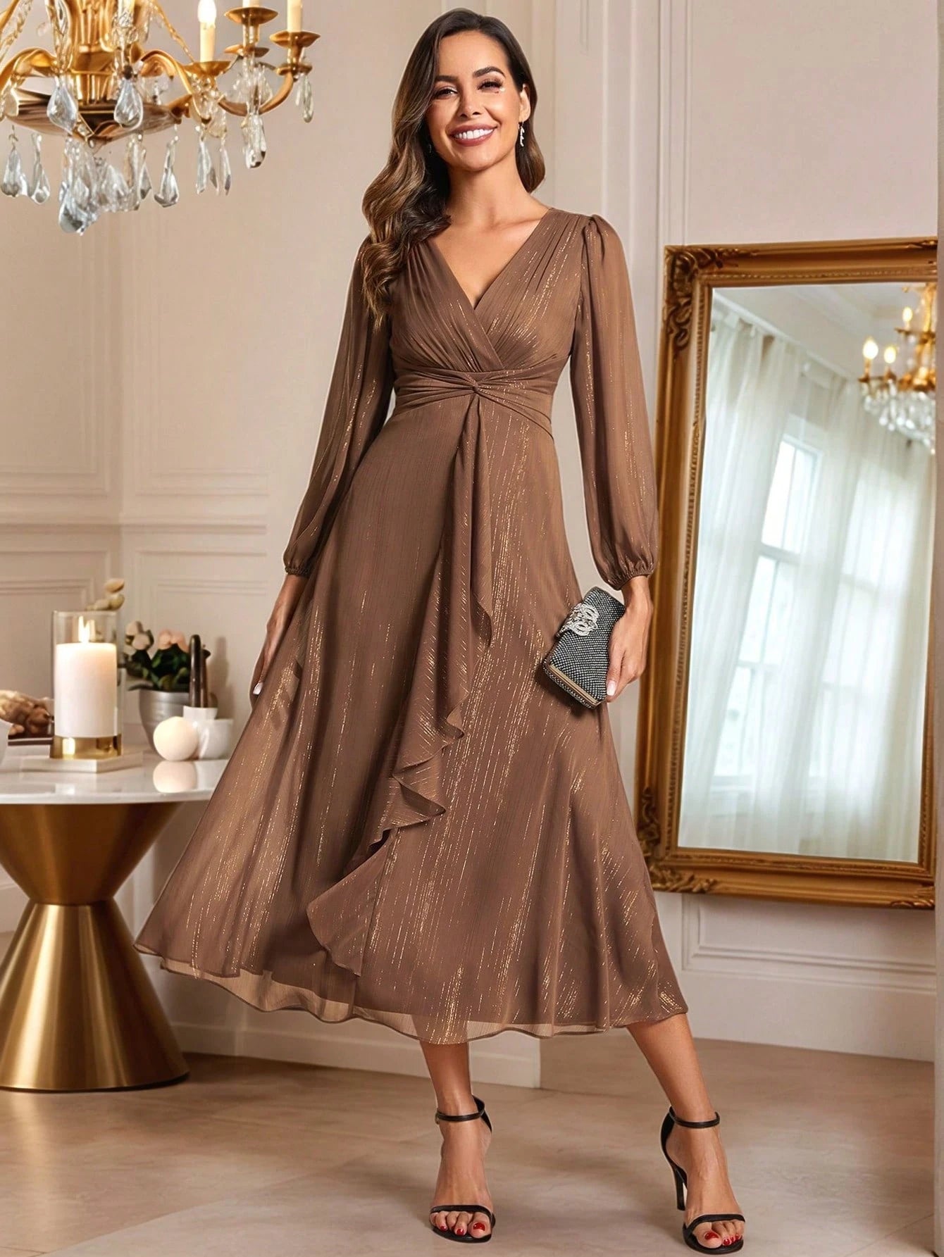 Women's Elegant V-Neck Long Sleeve Formal Dress, Shiny Twist Ruched