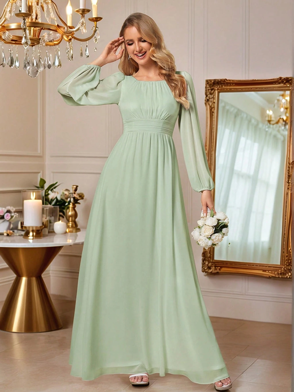 EVERPRETTY Elegant Autumn Special Occasion Chiffon Round Neck Lantern Sleeve Long Sleeve Bridesmaid Dress, - image 4