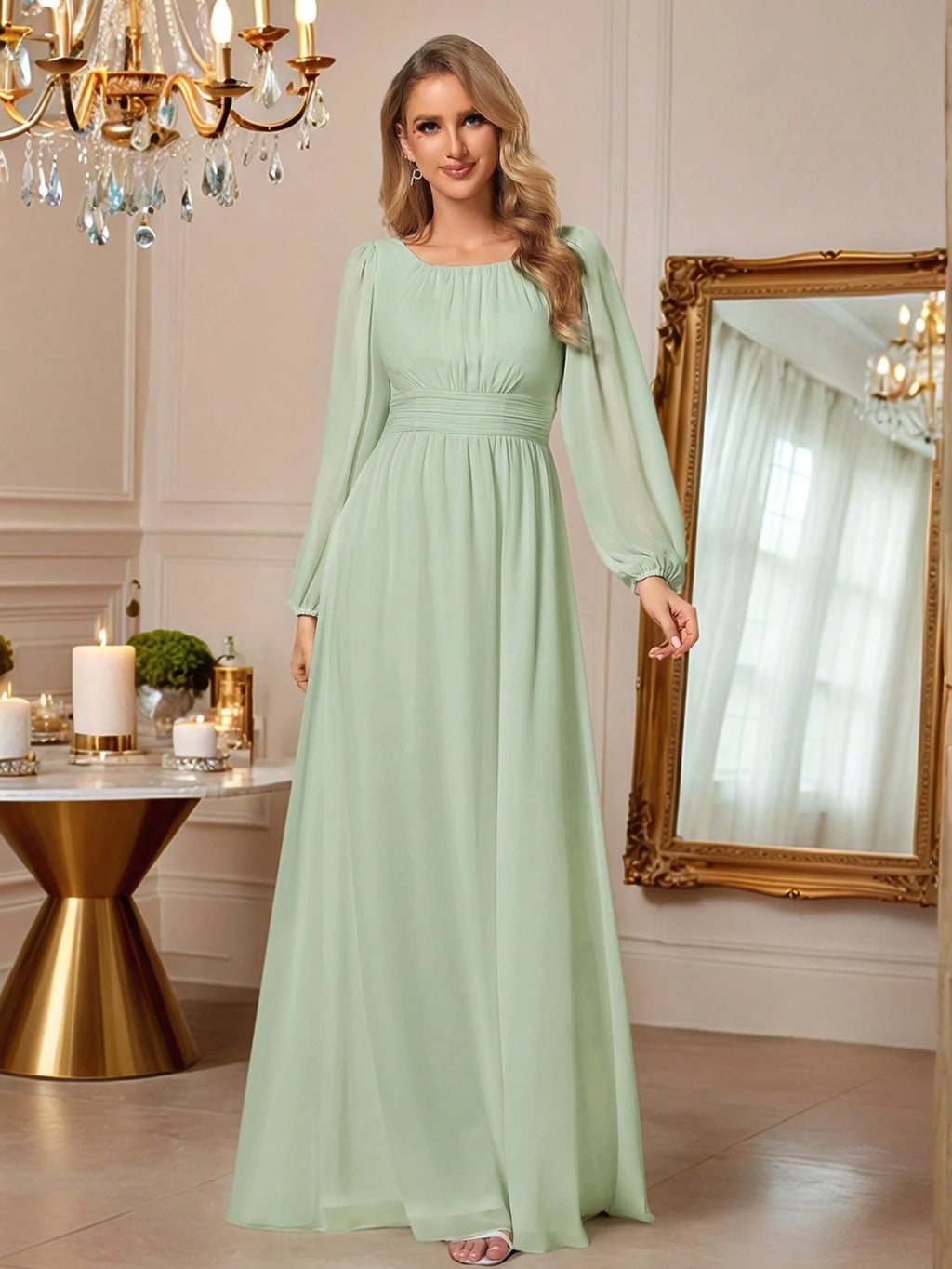 EVERPRETTY Elegant Autumn Special Occasion Chiffon Round Neck Lantern Sleeve Long Sleeve Bridesmaid Dress, - image 3