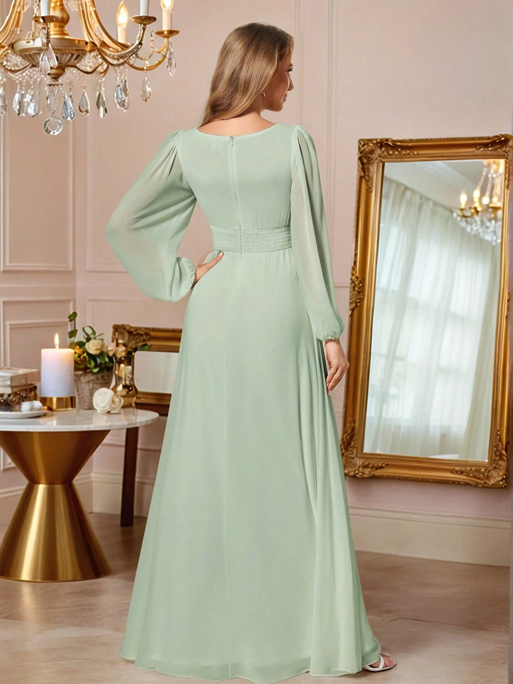 EVERPRETTY Elegant Autumn Special Occasion Chiffon Round Neck Lantern Sleeve Long Sleeve Bridesmaid Dress, - image 2