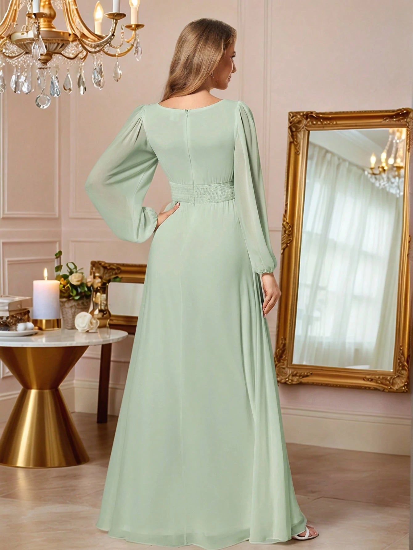 EVERPRETTY Elegant Autumn Special Occasion Chiffon Round Neck Lantern Sleeve Long Sleeve Bridesmaid Dress, - image 2