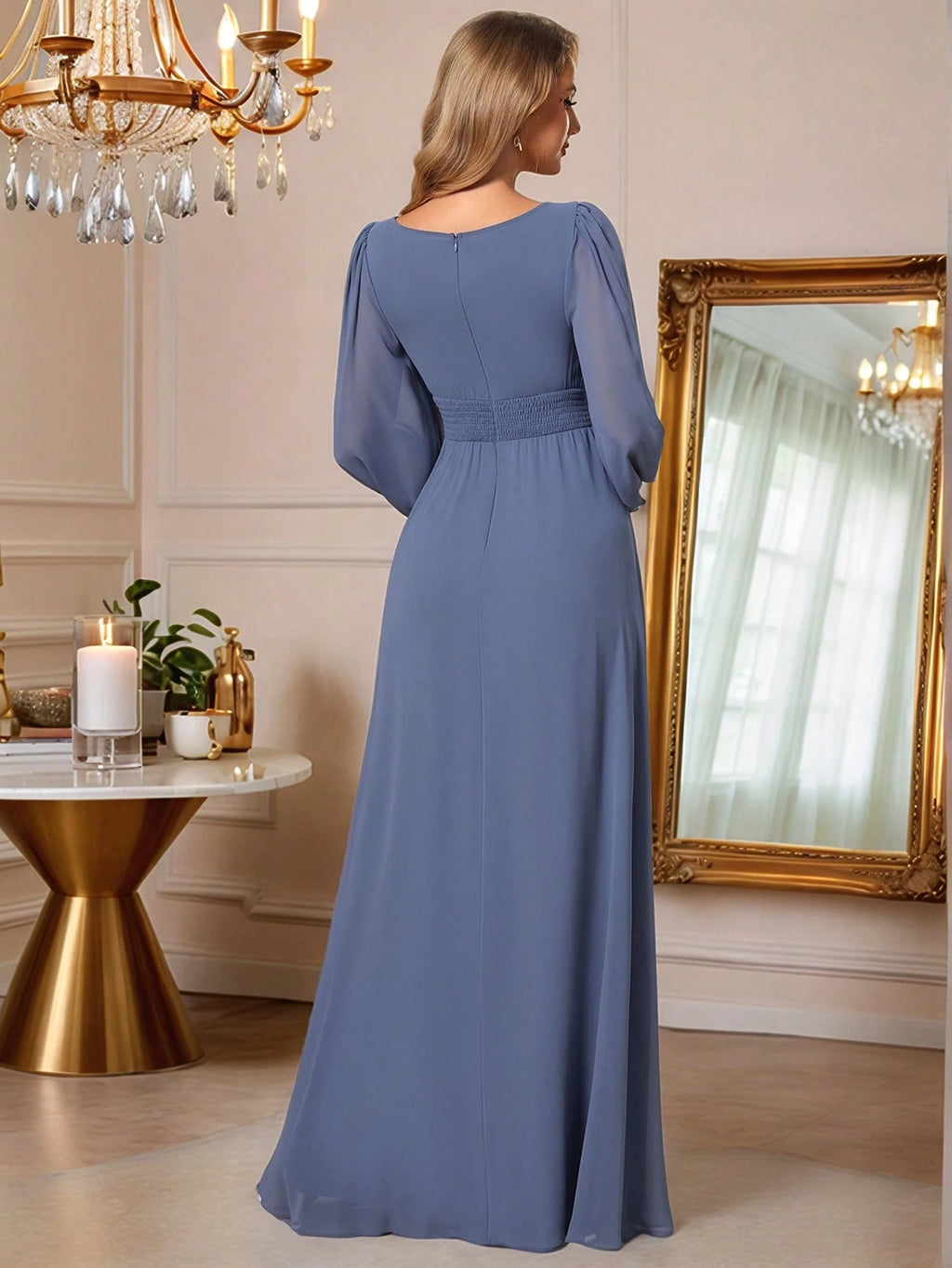 EVERPRETTY Elegant Autumn Special Occasion Chiffon Round Neck Lantern Sleeve Long Sleeve Bridesmaid Dress, - image 19