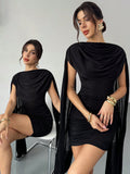 Firerie Women's Elegant Dark Brown Cowl Neck Ruched Bodycon