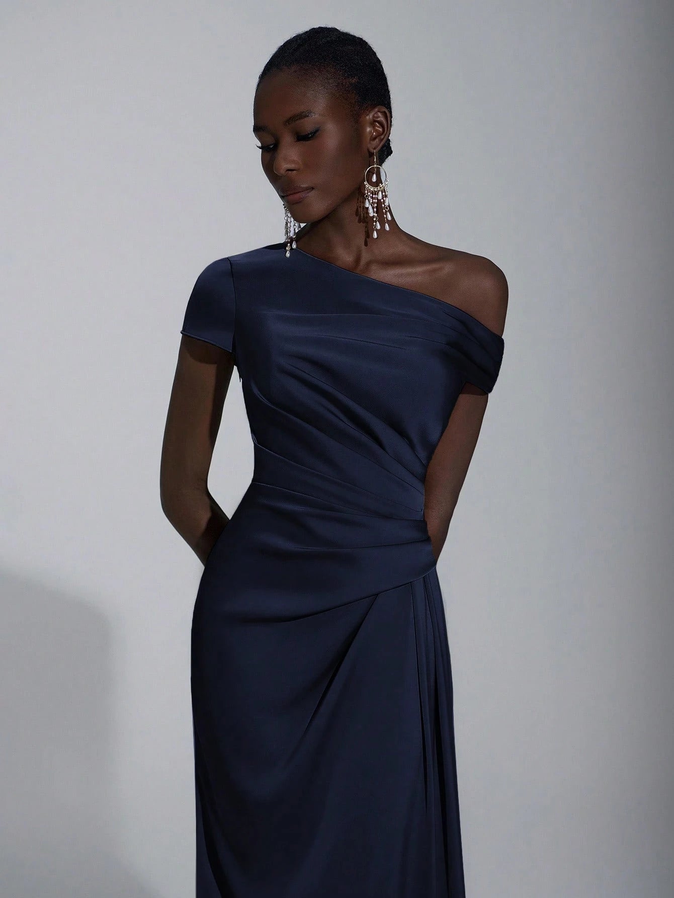 Elitara Elegant Luxurious Satin Ruched Off Shoulder Mermaid Dress,