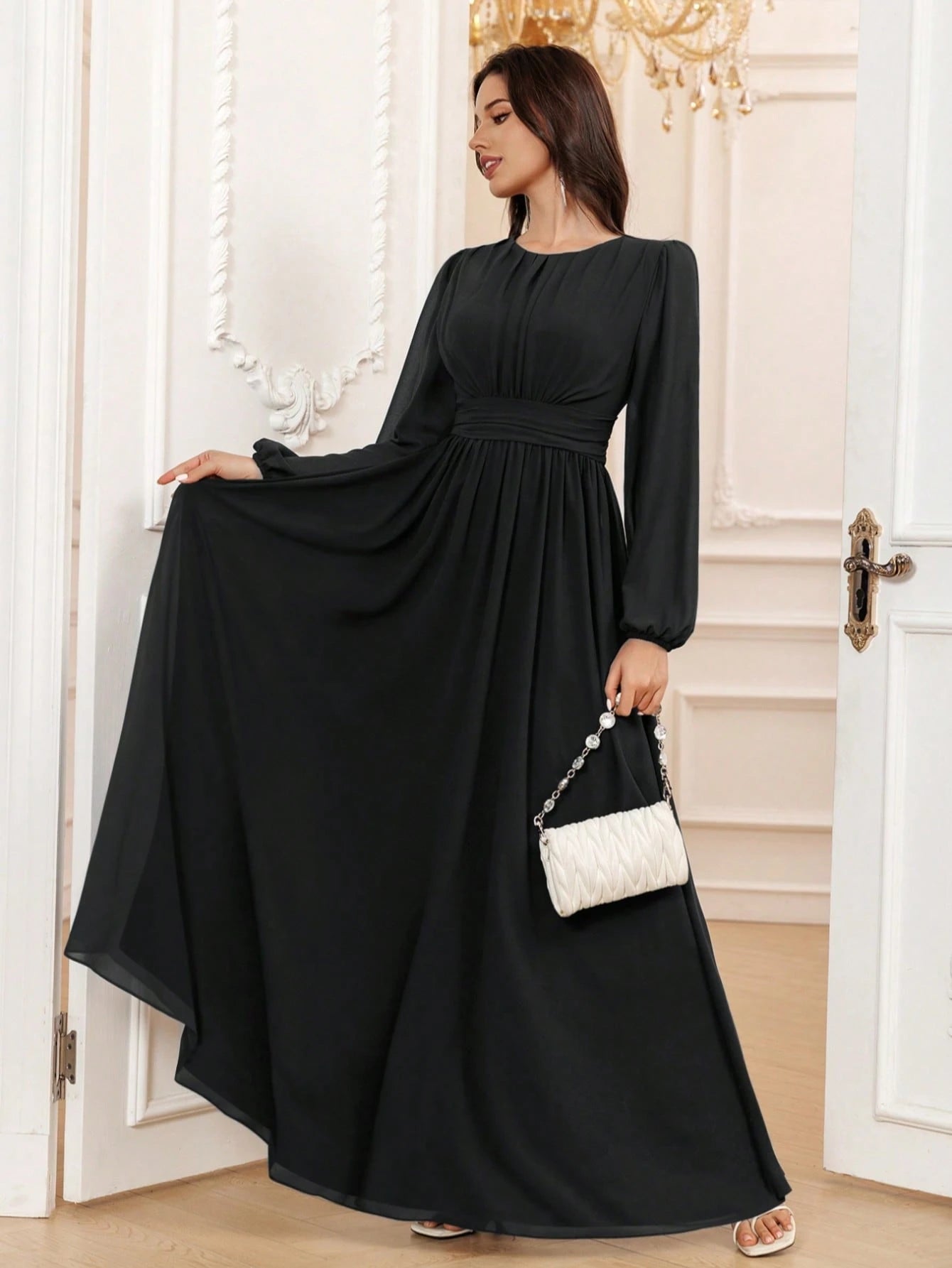 Volly Toych Elegant A-Line Round Neck Long Sleeve Floor-Length Chiffon Bridesmaid Dress, Wedding Guest Dress, - image 4