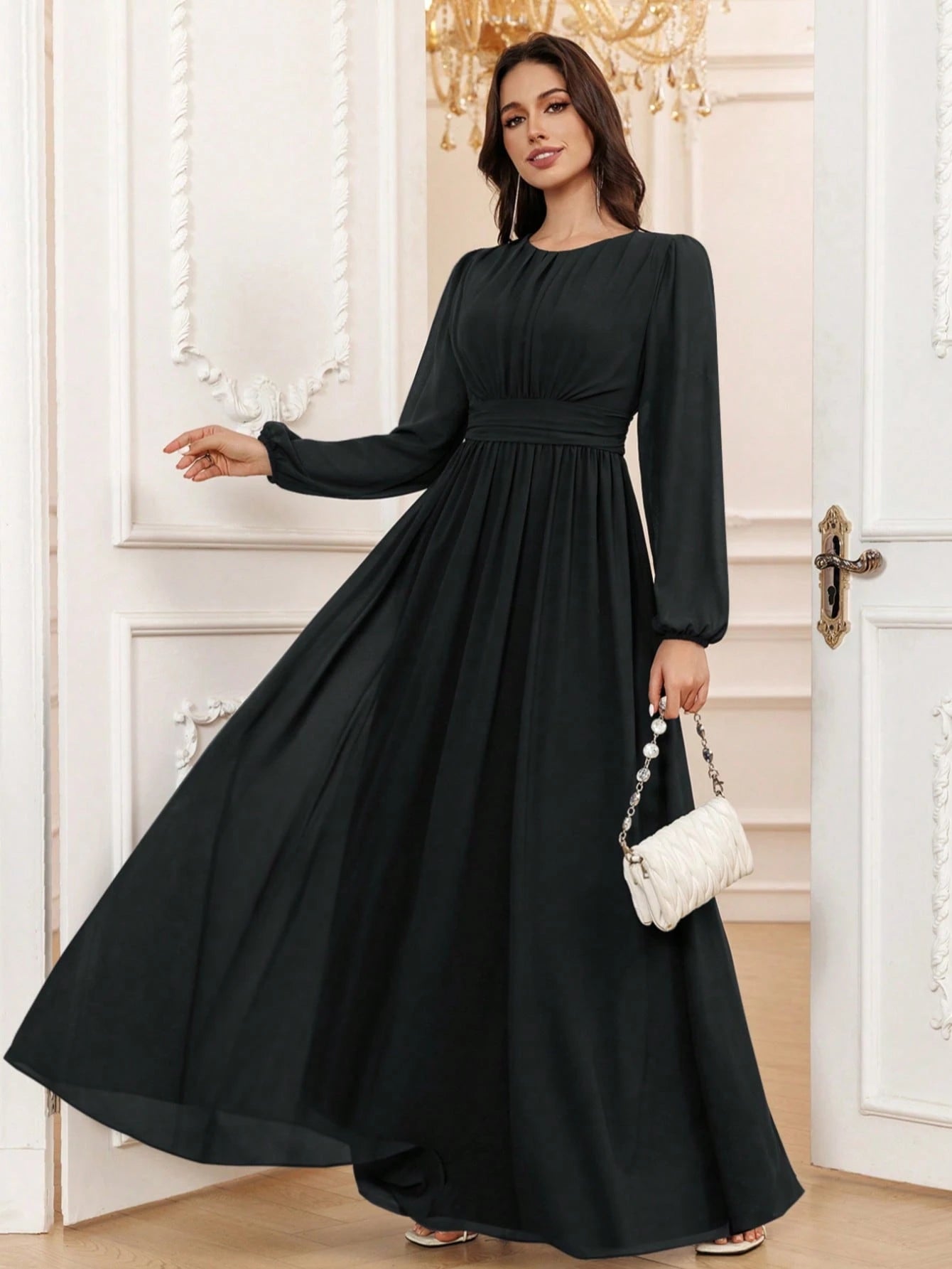 Volly Toych Elegant A-Line Round Neck Long Sleeve Floor-Length Chiffon Bridesmaid Dress, Wedding Guest Dress,