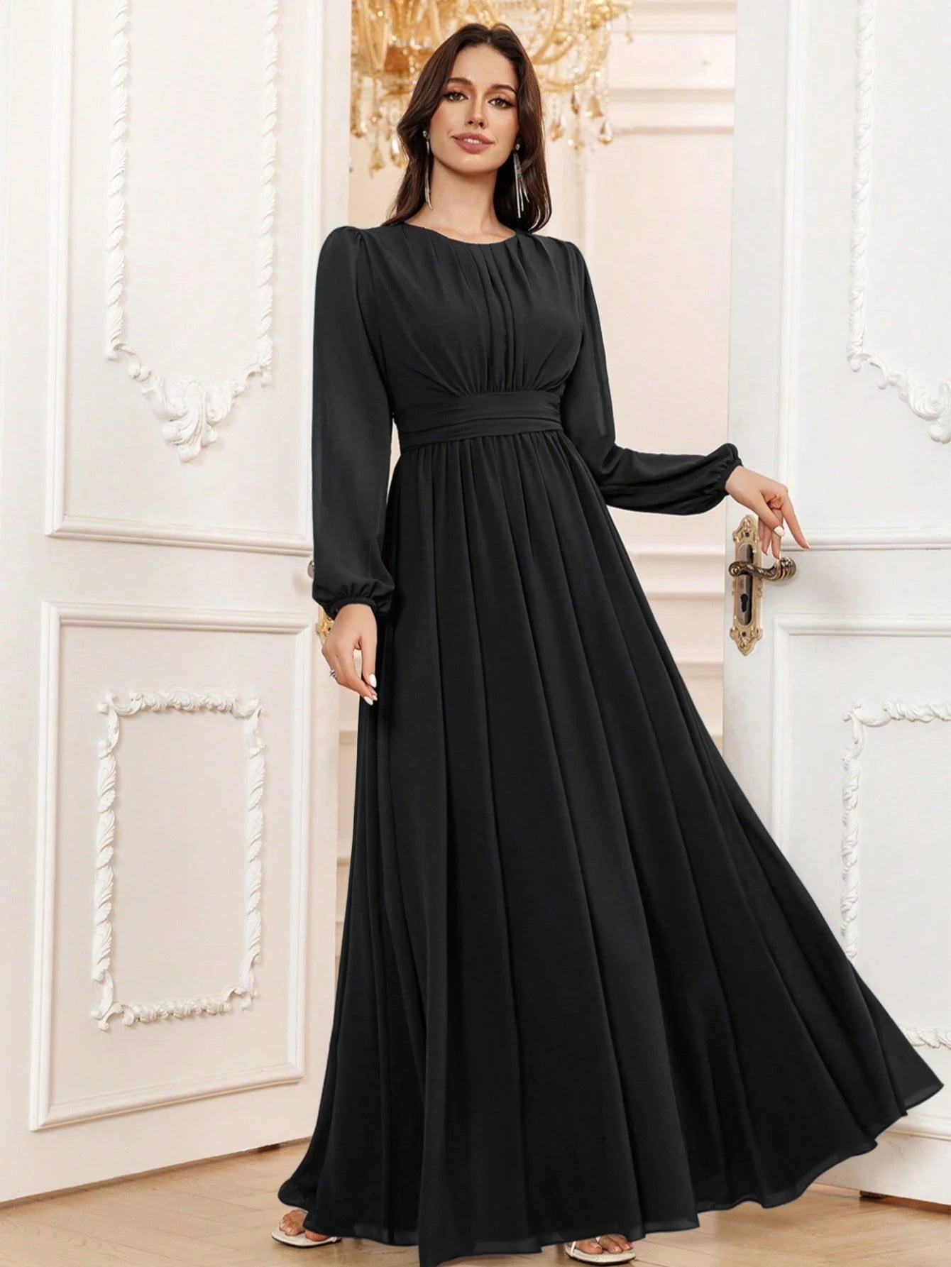 Volly Toych Elegant A-Line Round Neck Long Sleeve Floor-Length Chiffon Bridesmaid Dress, Wedding Guest Dress, - image 5