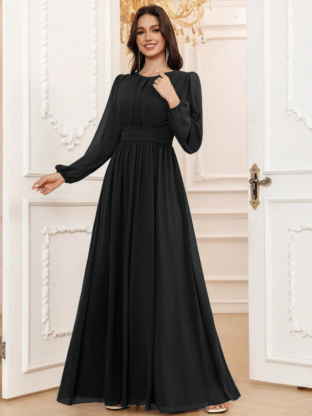 Volly Toych Elegant A-Line Round Neck Long Sleeve Floor-Length Chiffon Bridesmaid Dress, Wedding Guest Dress, - image 6