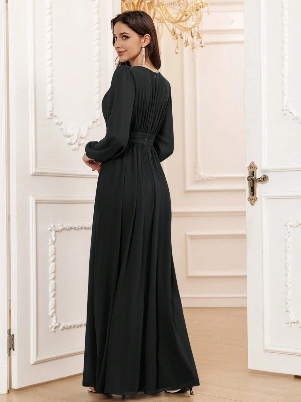 Volly Toych Elegant A-Line Round Neck Long Sleeve Floor-Length Chiffon Bridesmaid Dress, Wedding Guest Dress, - image 2