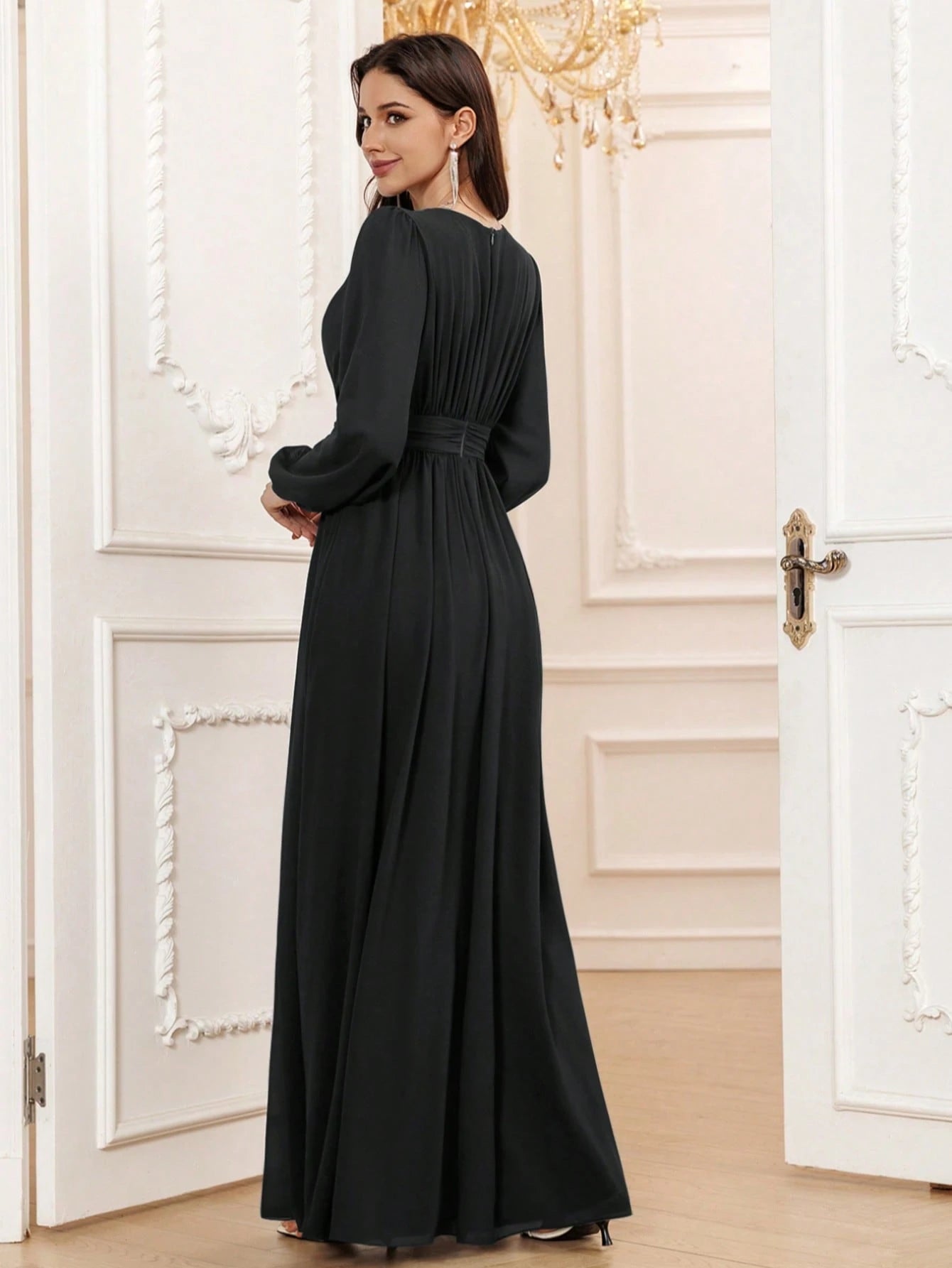 Volly Toych Elegant A-Line Round Neck Long Sleeve Floor-Length Chiffon Bridesmaid Dress, Wedding Guest Dress, - image 2