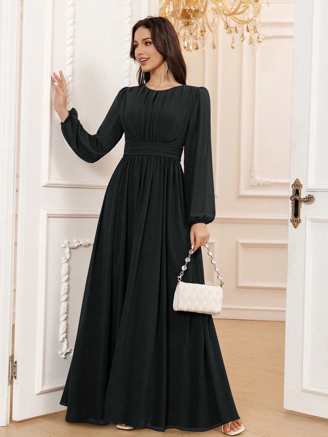 Volly Toych Elegant A-Line Round Neck Long Sleeve Floor-Length Chiffon Bridesmaid Dress, Wedding Guest Dress, - image 3