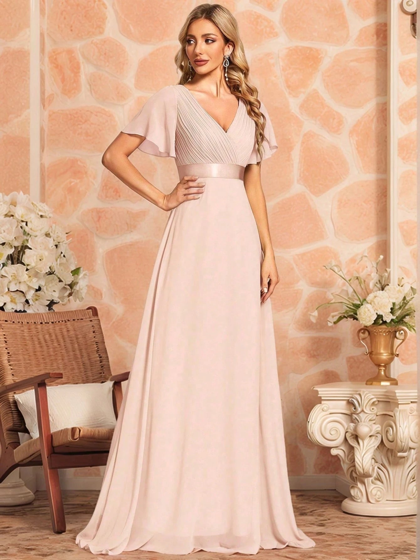 EVERPRETTY Elegant V-Neck Ruffle Butterfly Sleeve Pink Bridesmaid
