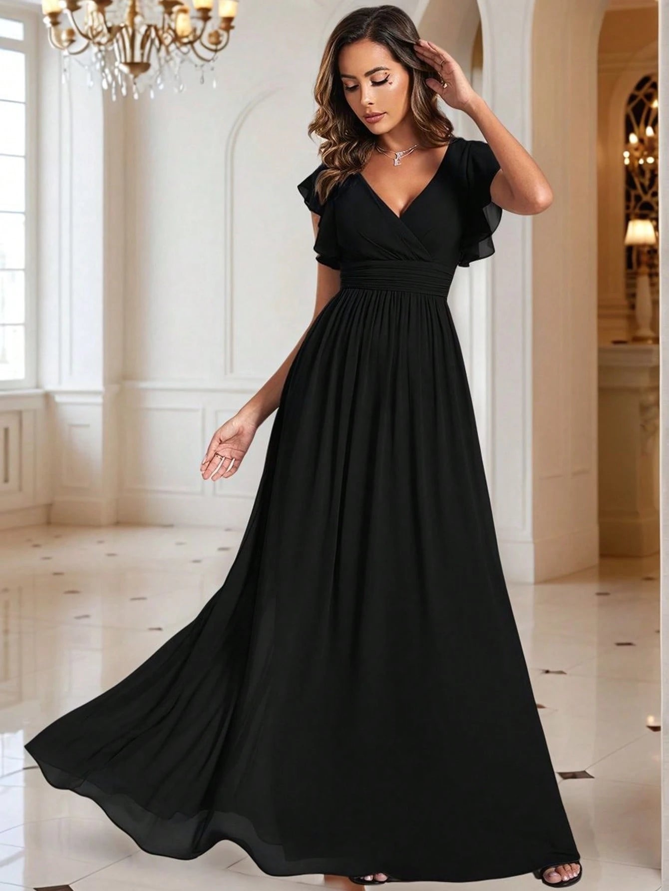 Asymmetric Ruffle Sleeve V-Neck Chiffon Green Bridesmaid Dress,
